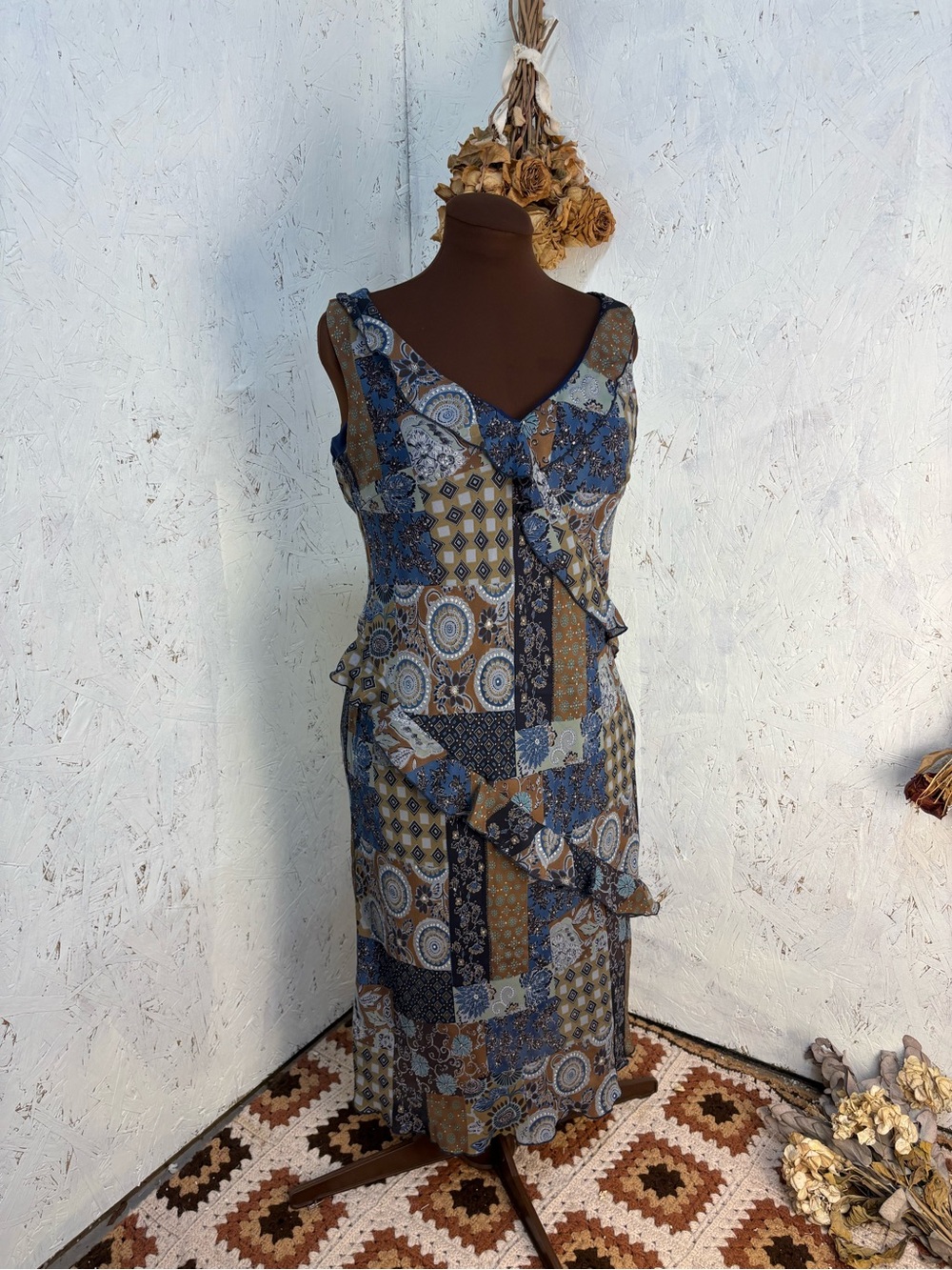Y2K Believe Patchwork Whimsigoth Ruffle Floral Brown Blue Midi Dress Size 14